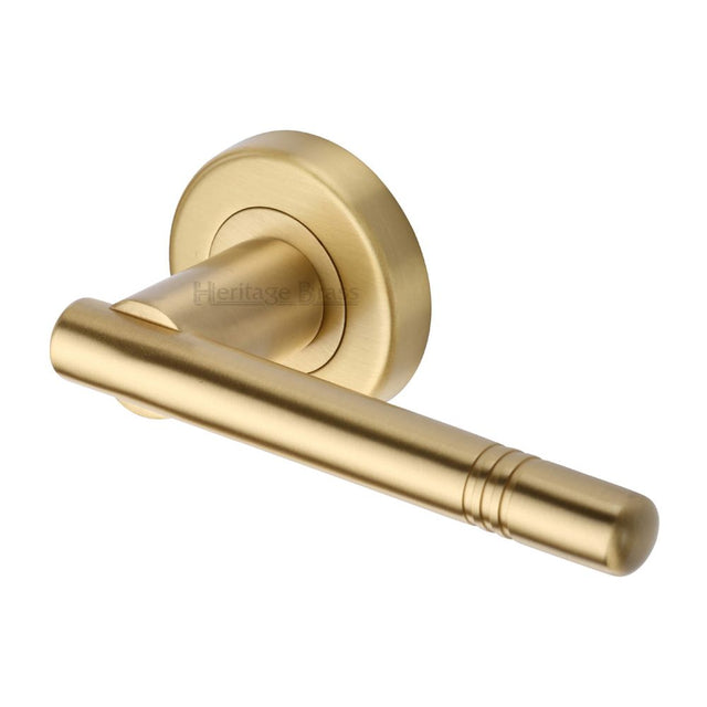 This is an image of a Heritage Brass - Door Handle Lever Latch on Round Rose Alicia Design Satin Brass, v2100-sb that is available to order from Trade Door Handles in Kendal.