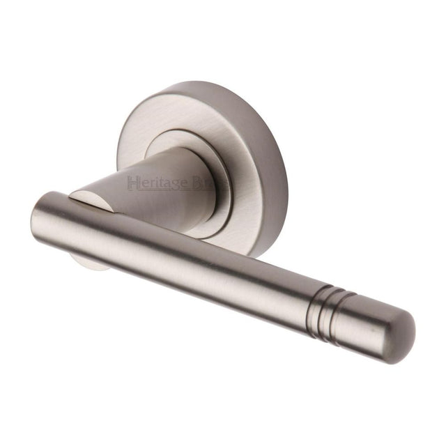 This is an image of a Heritage Brass - Door Handle Lever Latch on Round Rose Alicia Design Satin Nickel, v2100-sn that is available to order from Trade Door Handles in Kendal.