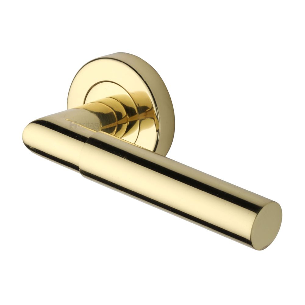 This is an image of a Heritage Brass - Door Handle Lever Latch on Round Rose Bauhaus Mitre Design Polished, v2270-pb that is available to order from Trade Door Handles in Kendal.