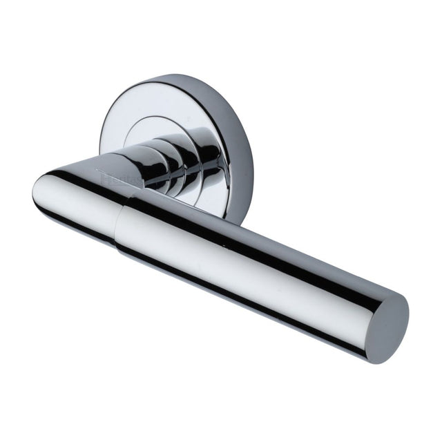 This is an image of a Heritage Brass - Door Handle Lever Latch on Round Rose Bauhaus Mitre Design Polished, v2270-pc that is available to order from Trade Door Handles in Kendal.