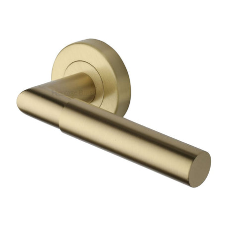 This is an image of a Heritage Brass - Door Handle Lever Latch on Round Rose Bauhaus Mitre Design Satin, v2270-sb that is available to order from Trade Door Handles in Kendal.