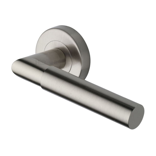 This is an image of a Heritage Brass - Door Handle Lever Latch on Round Rose Bauhaus Mitre Design Satin, v2270-sn that is available to order from Trade Door Handles in Kendal.