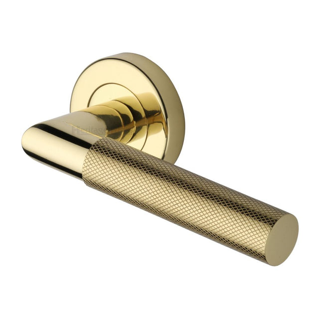 This is an image of a Heritage Brass - Door Handle Lever Latch on Round Rose Bauhaus Mitre Knurled Des, v2272-pb that is available to order from Trade Door Handles in Kendal.