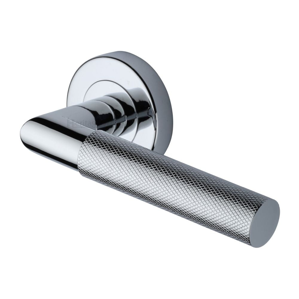 This is an image of a Heritage Brass - Door Handle Lever Latch on Round Rose Bauhaus Mitre Knurled Des, v2272-pc that is available to order from Trade Door Handles in Kendal.