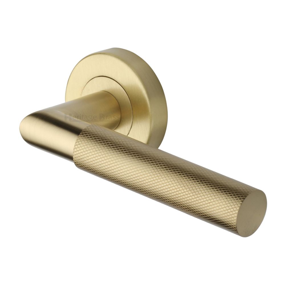 This is an image of a Heritage Brass - Door Handle Lever Latch on Round Rose Bauhaus Mitre Knurled Des, v2272-sb that is available to order from Trade Door Handles in Kendal.