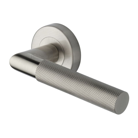 This is an image of a Heritage Brass - Door Handle Lever Latch on Round Rose Bauhaus Mitre Knurled Des, v2272-sn that is available to order from Trade Door Handles in Kendal.