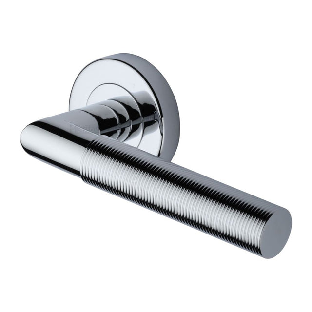 This is an image of a Heritage Brass - Door Handle Lever Latch on Round Rose Bauhaus Mitre Reeded Desi, v2274-pc that is available to order from Trade Door Handles in Kendal.