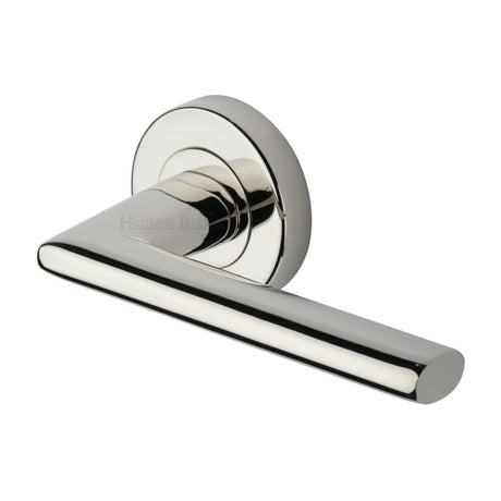 This is an image of a Heritage Brass - Door Handle Lever Latch on Round Rose Admiralty Design Polished Nic, v2355-pnf that is available to order from Trade Door Handles in Kendal.