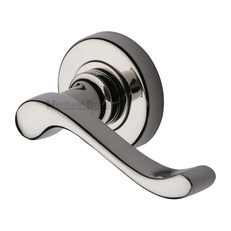 This is an image of a Heritage Brass - Door Handle Lever Latch on 53mm Round Rose Bedford Design Polished, v3010-pnf that is available to order from Trade Door Handles in Kendal.