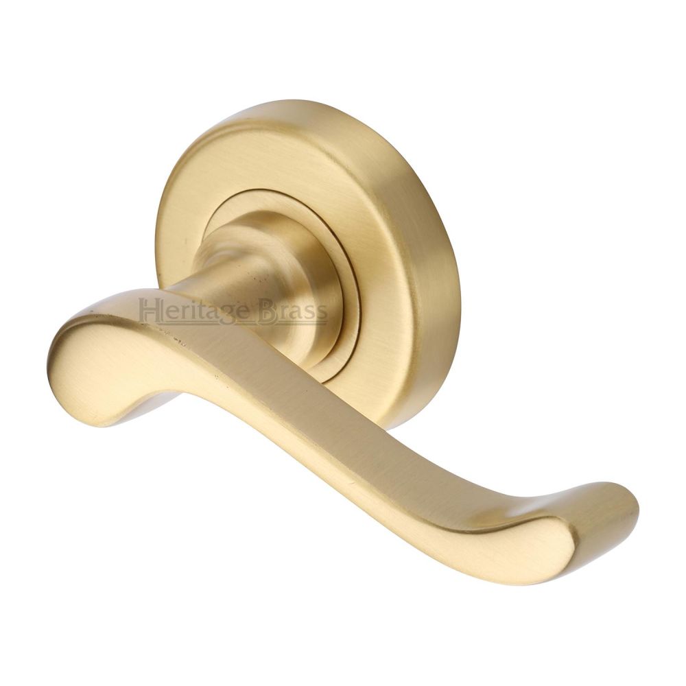 This is an image of a Heritage Brass - Door Handle Lever Latch on 53mm Round Rose Bedford Design Satin, v3010-sb that is available to order from Trade Door Handles in Kendal.