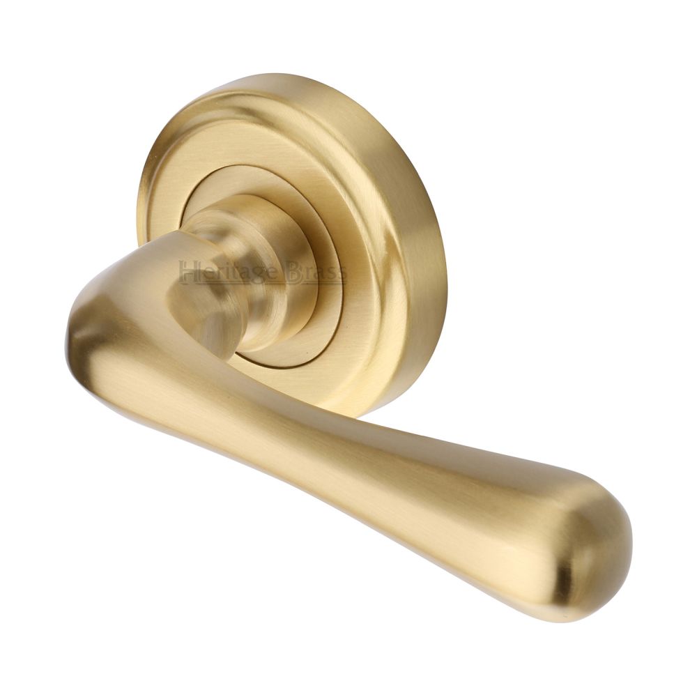 This is an image of a Heritage Brass - Door Handle Lever Latch on Round Rose Charlbury Design Satin Bra, v3020-sb that is available to order from Trade Door Handles in Kendal.