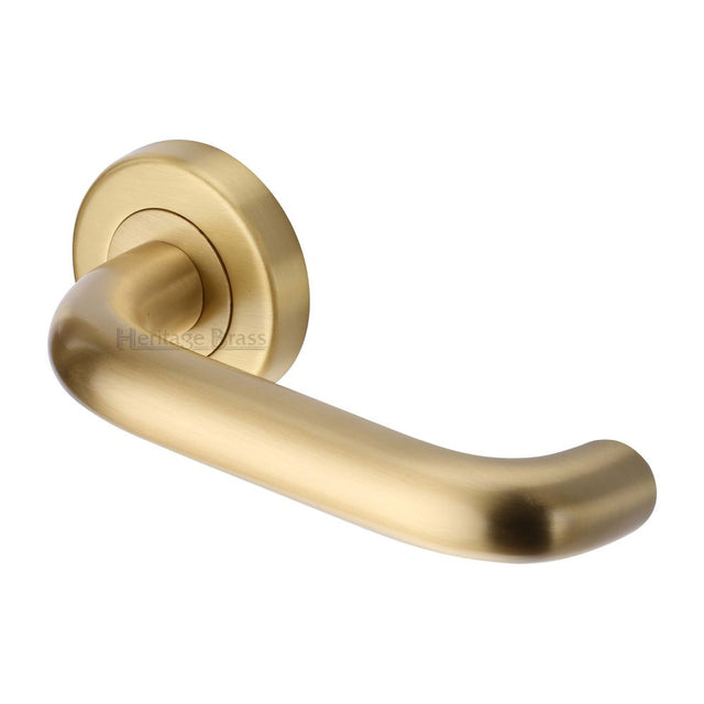 This is an image of a Heritage Brass - Door Handle Lever Latch on Round Rose Harmony Design Satin Brass, v3090-sb that is available to order from Trade Door Handles in Kendal.