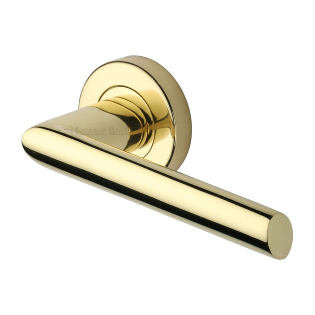 This is an image of a Heritage Brass - Door Handle Lever Latch on Round Rose Mercury Design Polished Brass, v3262-pb that is available to order from Trade Door Handles in Kendal.