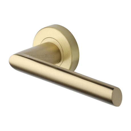 This is an image of a Heritage Brass - Door Handle Lever Latch on Round Rose Mercury Design Satin Brass, v3262-sb that is available to order from Trade Door Handles in Kendal.