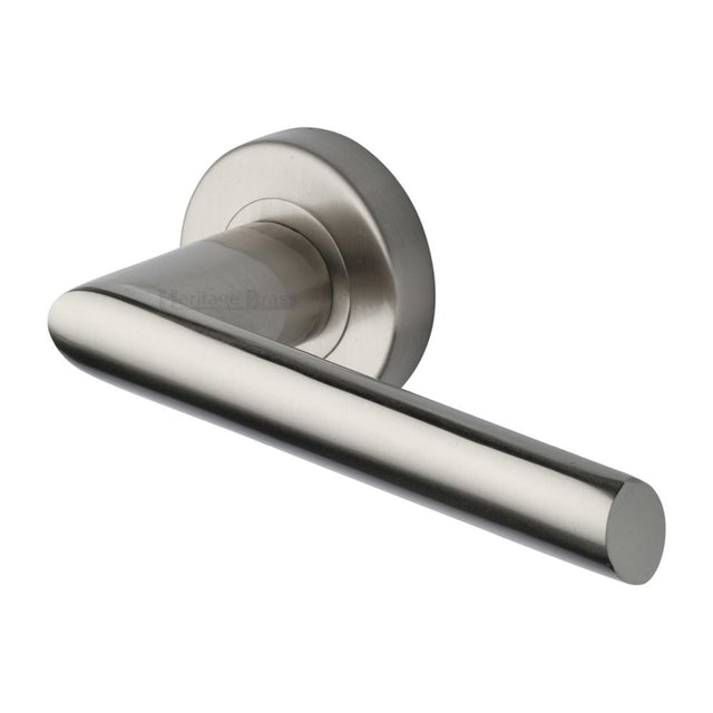 This is an image of a Heritage Brass - Door Handle Lever Latch on Round Rose Mercury Design Satin Nicke, v3262-sn that is available to order from Trade Door Handles in Kendal.