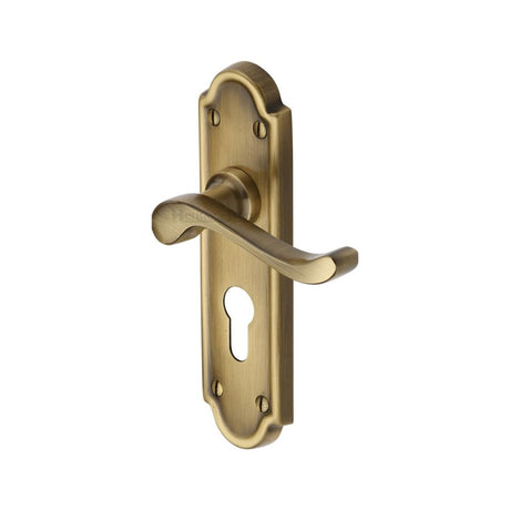 This is an image of a Heritage Brass - Door Handle for Euro Profile Plate Meridian Design Antique Brass F, v327-48-at that is available to order from Trade Door Handles in Kendal.
