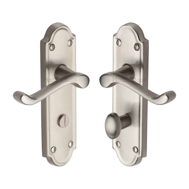 This is an image of a Heritage Brass - Door Handle for Bathroom Meridian Design Satin Nickel Finish, v330-sn that is available to order from Trade Door Handles in Kendal.