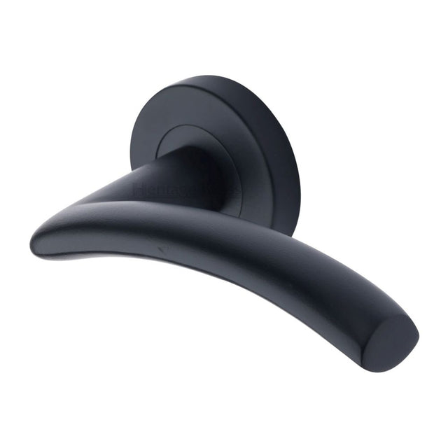 This is an image of a Heritage Brass - Door Handle Lever Latch on Round Rose Centaur Design Matt Black, v3490-bkmt that is available to order from Trade Door Handles in Kendal.