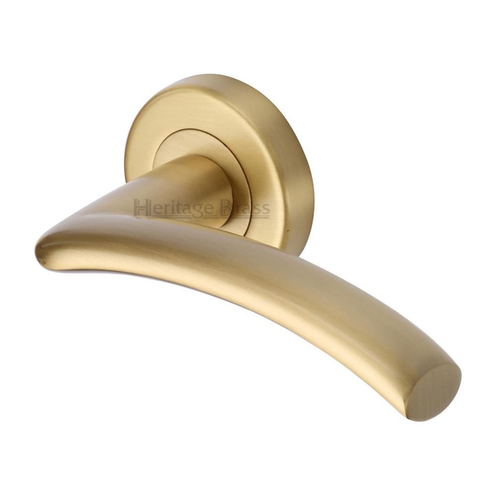 This is an image of a Heritage Brass - Door Handle Lever Latch on Round Rose Centaur Design Satin Brass, v3490-sb that is available to order from Trade Door Handles in Kendal.