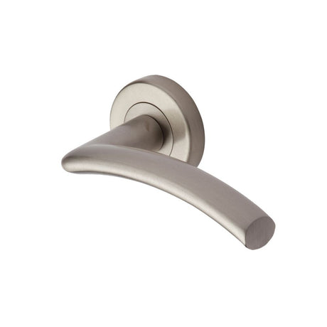 This is an image of a Heritage Brass - Door Handle Lever Latch on Round Rose Centaur Design Satin Nicke, v3490-sn that is available to order from Trade Door Handles in Kendal.