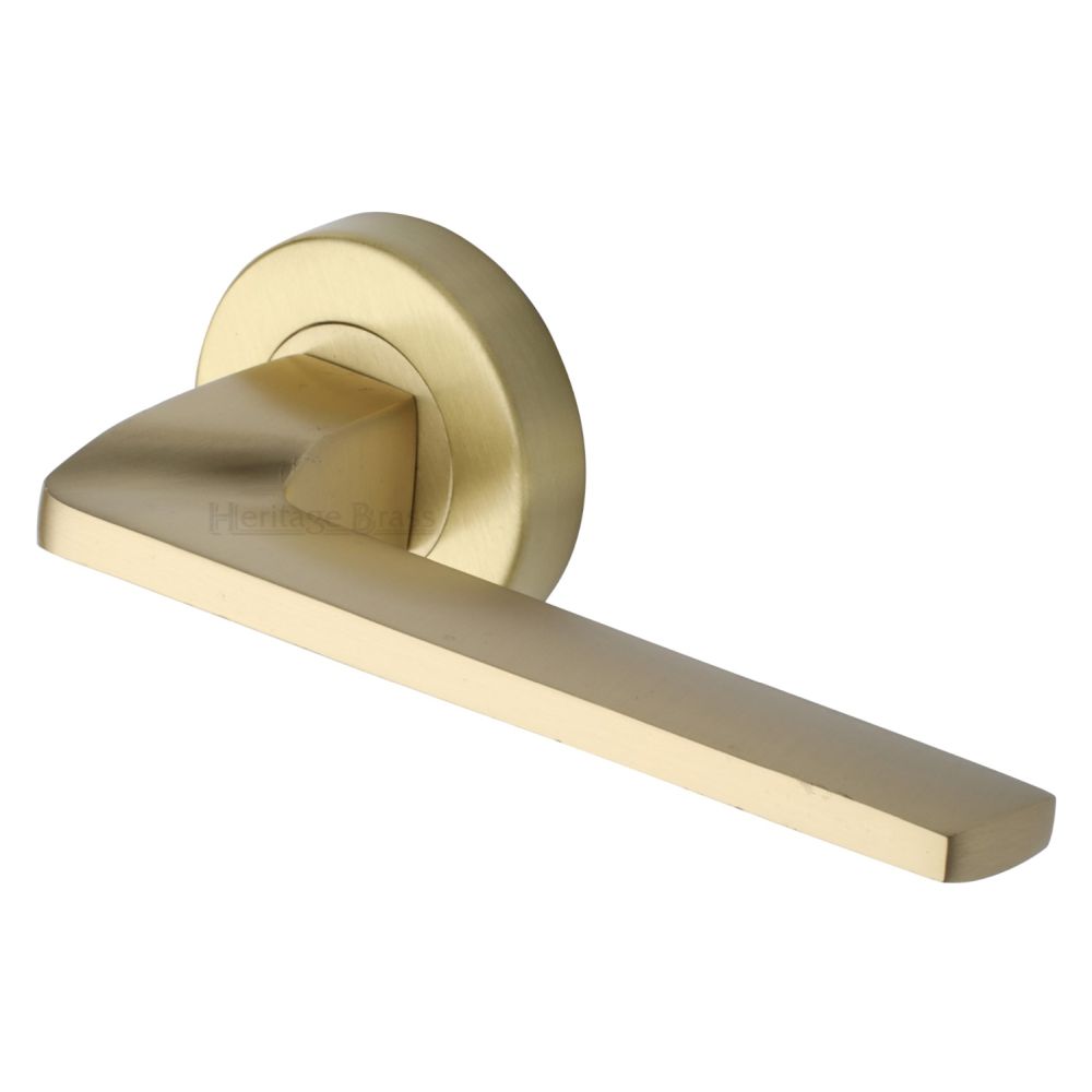 This is an image of a Heritage Brass - Door Handle Lever Latch on Round Rose Metro Angled Design Satin, v3790-sb that is available to order from Trade Door Handles in Kendal.