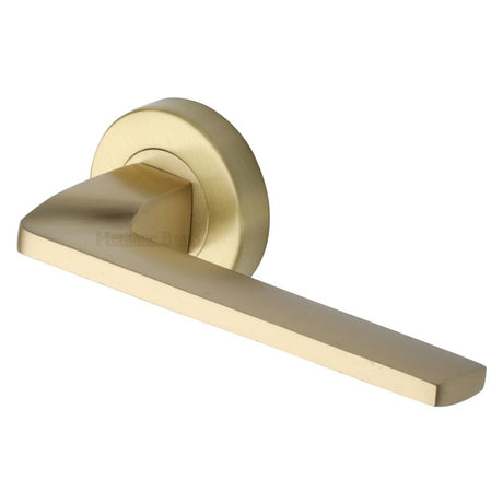 This is an image of a Heritage Brass - Door Handle Lever Latch on Round Rose Metro Angled Design Satin, v3790-sb that is available to order from Trade Door Handles in Kendal.