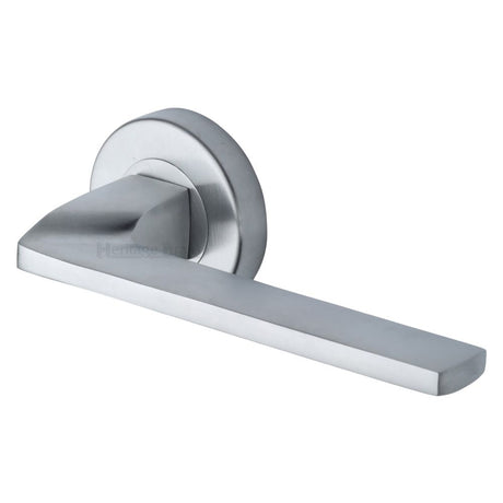 This is an image of a Heritage Brass - Door Handle Lever Latch on Round Rose Metro Angled Design Satin, v3790-sc that is available to order from Trade Door Handles in Kendal.