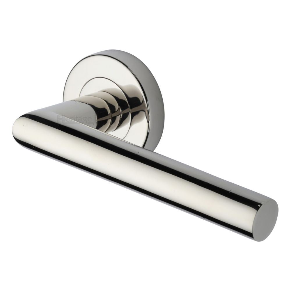 This is an image of a Heritage Brass - Door Handle Lever Latch on Round Rose Athena Design Polished Nickel, v3840-pnf that is available to order from Trade Door Handles in Kendal.