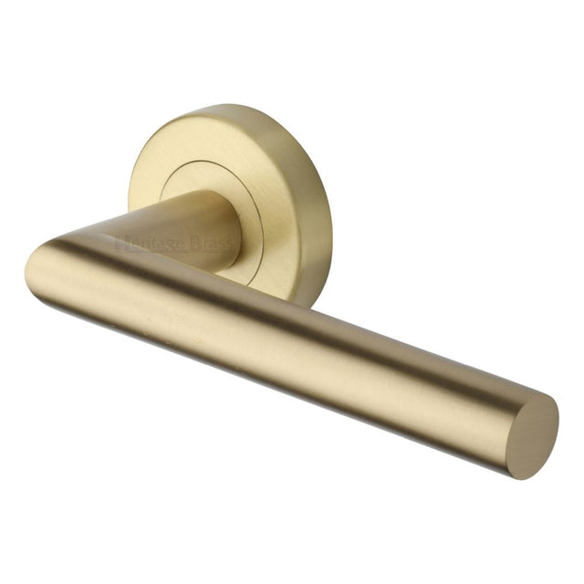 This is an image of a Heritage Brass - Door Handle Lever Latch on Round Rose Athena Design Satin Brass, v3840-sb that is available to order from Trade Door Handles in Kendal.