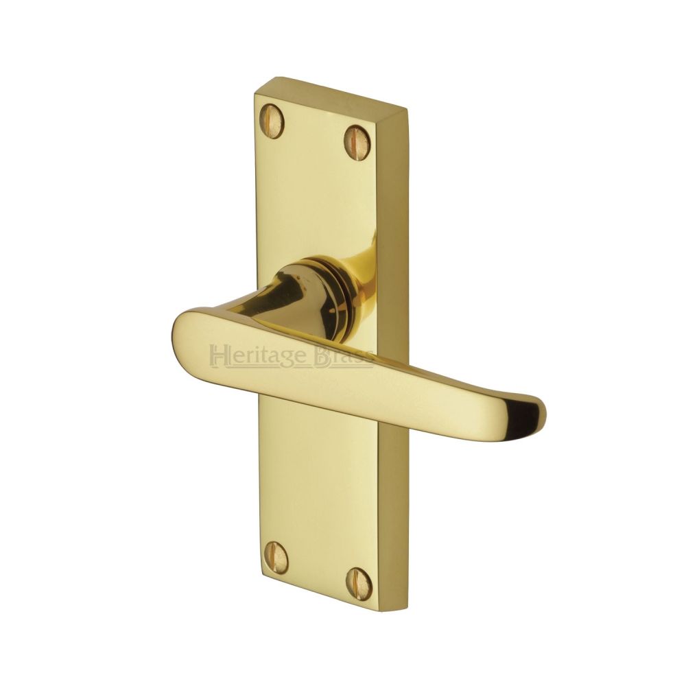 This is an image of a Heritage Brass - Door Handle Lever Latch Victoria Short Design Polished Brass Finish, v3910-pb that is available to order from Trade Door Handles in Kendal.