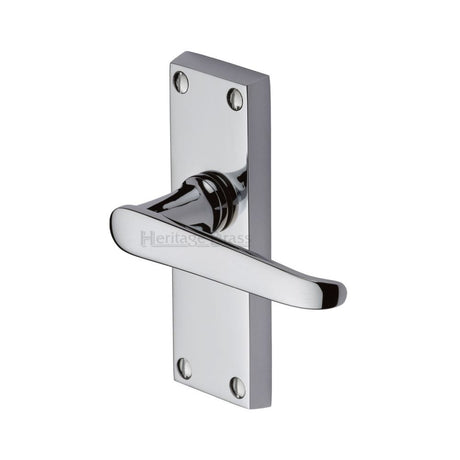 This is an image of a Heritage Brass - Door Handle Lever Latch Victoria Short Design Polished Chrome Finis, v3910-pc that is available to order from Trade Door Handles in Kendal.