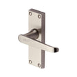 This is an image of a Heritage Brass - Door Handle Lever Latch Victoria Short Design Satin Nickel Finis, v3910-sn that is available to order from Trade Door Handles in Kendal.