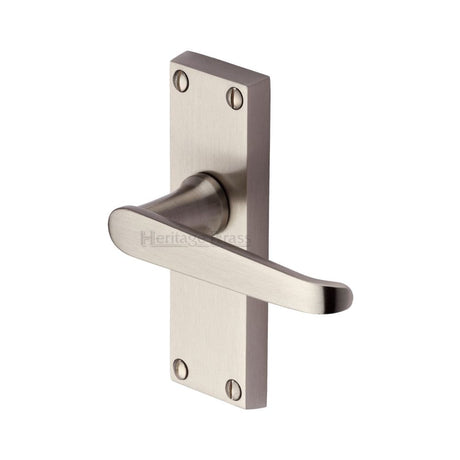 This is an image of a Heritage Brass - Door Handle Lever Latch Victoria Short Design Satin Nickel Finis, v3910-sn that is available to order from Trade Door Handles in Kendal.