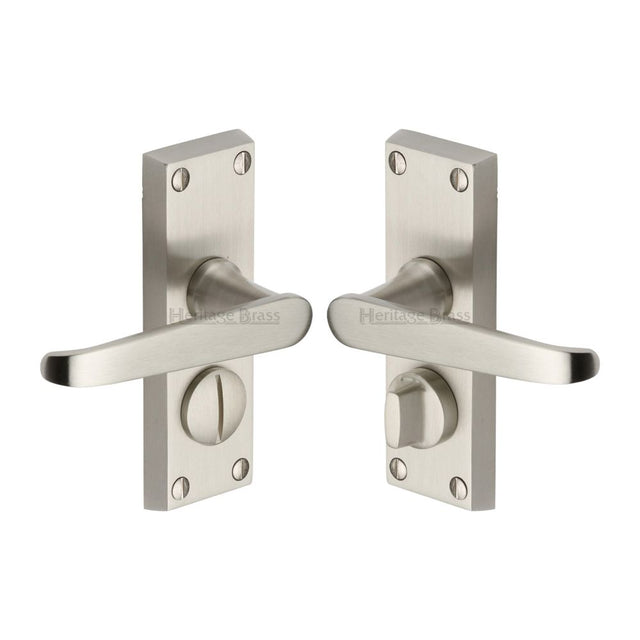 This is an image of a Heritage Brass - Door Handle for Privacy Set Victoria Short Design Satin Nickel F, v3935-sn that is available to order from Trade Door Handles in Kendal.