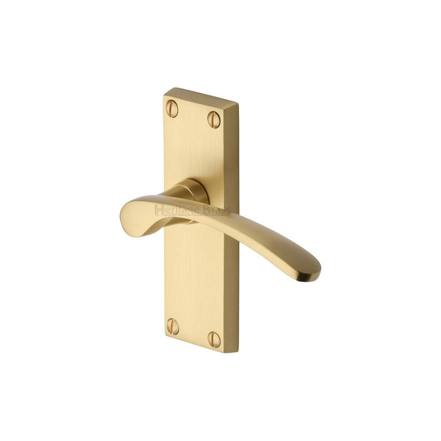 This is an image of a Heritage Brass - Door Handle Lever Latch Sophia Short Design Satin Brass Finish, v4140-sb that is available to order from Trade Door Handles in Kendal.