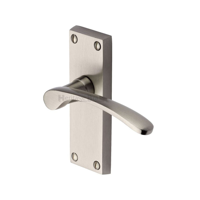 This is an image of a Heritage Brass - Door Handle Lever Latch Sophia Short Design Satin Nickel Finish, v4140-sn that is available to order from Trade Door Handles in Kendal.