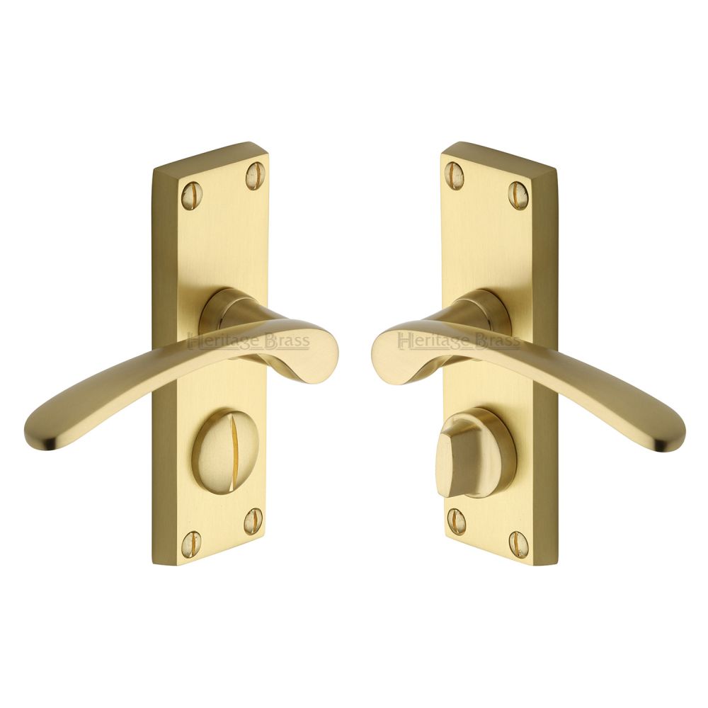 This is an image of a Heritage Brass - Door Handle for Privacy Set Sophia Short Design Satin Brass Fini, v4144-sb that is available to order from Trade Door Handles in Kendal.