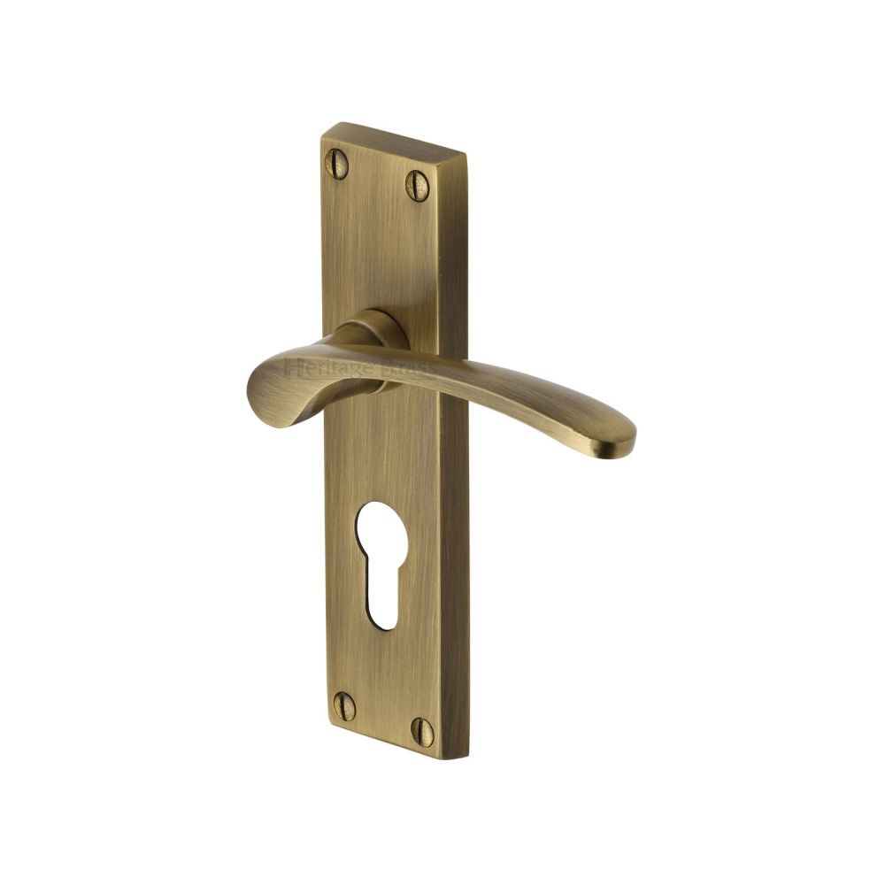 This is an image of a Heritage Brass - Door Handle for Euro Profile Plate Sophia Design Antique Brass Fin, v4146-48-at that is available to order from Trade Door Handles in Kendal.