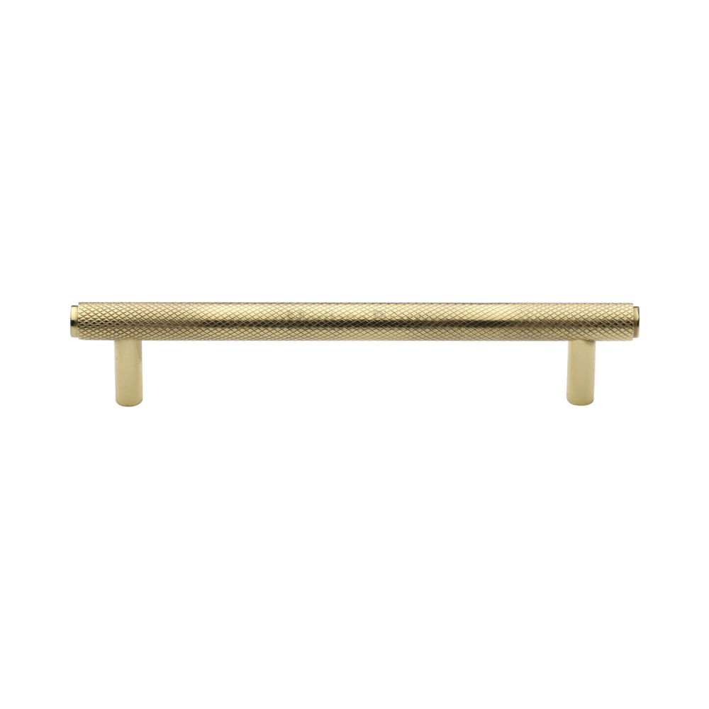 This is an image of a Heritage Brass - Cabinet Pull Knurled Design 128mm CTC Polished Brass Finish, v4458-128-pb that is available to order from Trade Door Handles in Kendal.