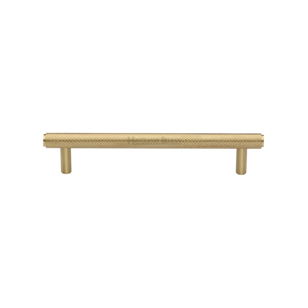 This is an image of a Heritage Brass - Cabinet Pull Knurled Design 128mm CTC Satin Brass Finish, v4458-128-sb that is available to order from Trade Door Handles in Kendal.