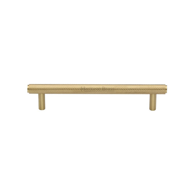 This is an image of a Heritage Brass - Cabinet Pull Knurled Design 128mm CTC Satin Brass Finish, v4458-128-sb that is available to order from Trade Door Handles in Kendal.