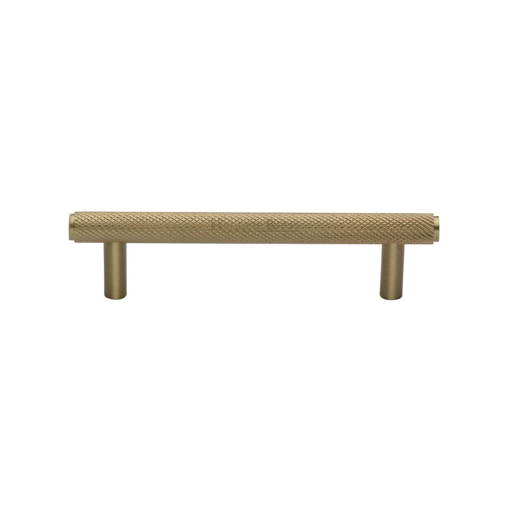 This is an image of a Heritage Brass - Cabinet Pull Knurled Design 96mm CTC Satin Brass Finish, v4458-96-sb that is available to order from Trade Door Handles in Kendal.