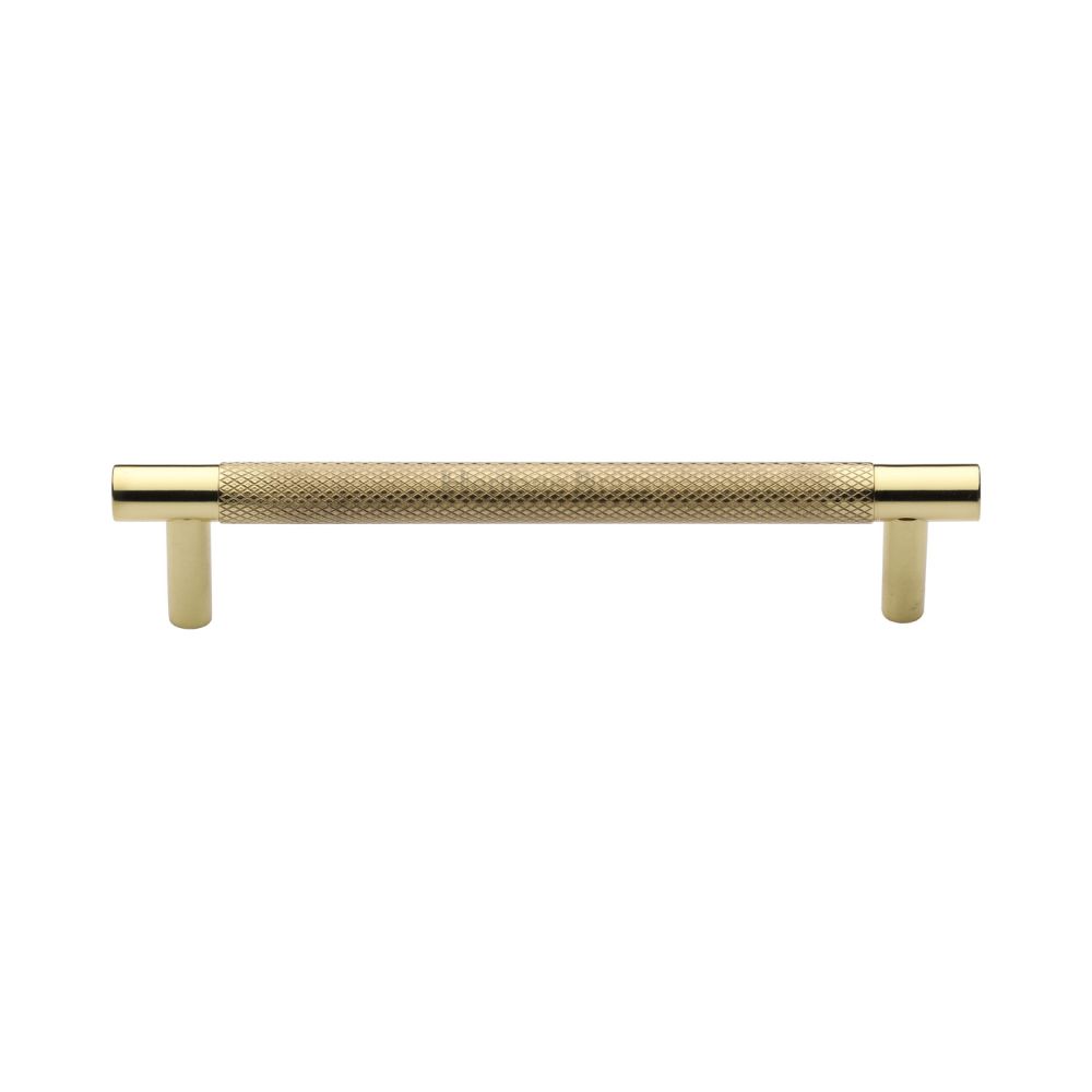 This is an image of a Heritage Brass - Cabinet Pull Partial Knurled Design 128mm CTC Polished Brass Finish, v4461-128-pb that is available to order from Trade Door Handles in Kendal.