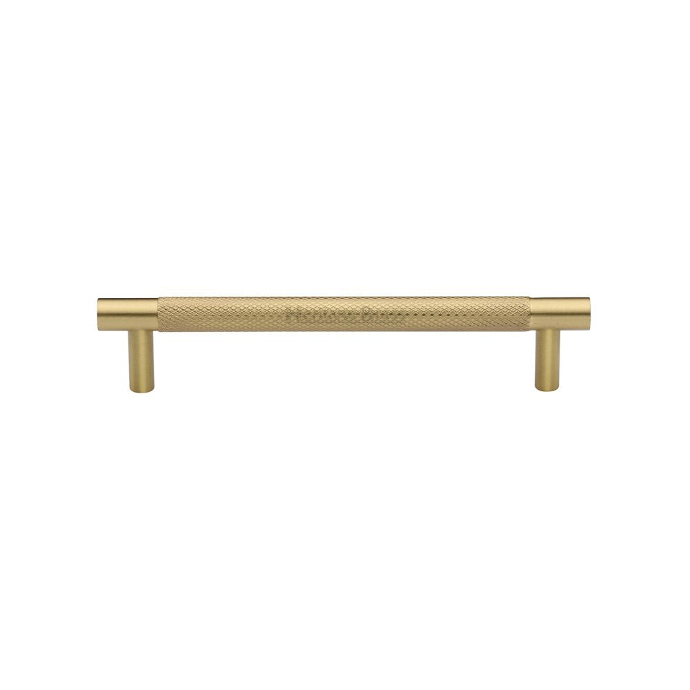 This is an image of a Heritage Brass - Cabinet Pull Partial Knurled Design 128mm CTC Satin Brass Finish, v4461-128-sb that is available to order from Trade Door Handles in Kendal.