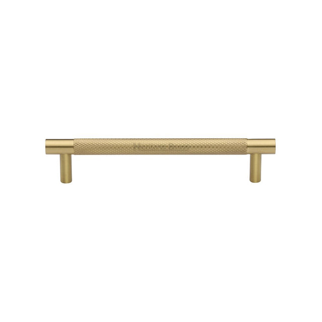 This is an image of a Heritage Brass - Cabinet Pull Partial Knurled Design 128mm CTC Satin Brass Finish, v4461-128-sb that is available to order from Trade Door Handles in Kendal.