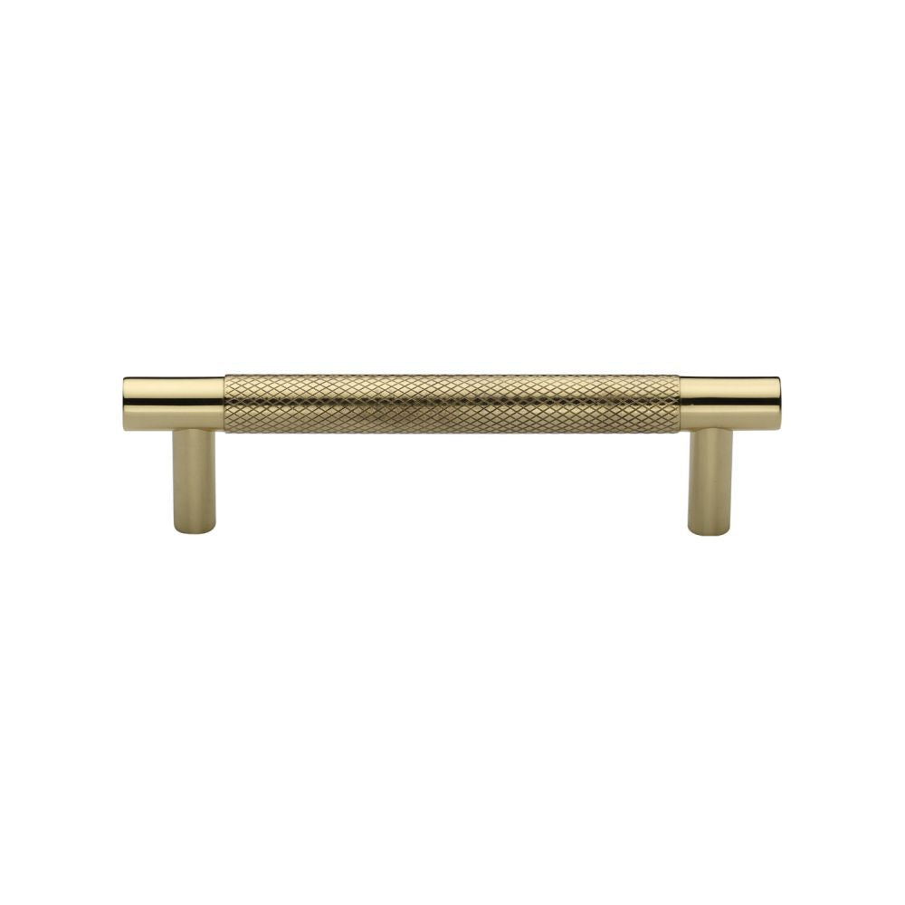 This is an image of a Heritage Brass - Cabinet Pull Partial Knurled Design 96mm CTC Polished Brass Finish, v4461-96-pb that is available to order from Trade Door Handles in Kendal.