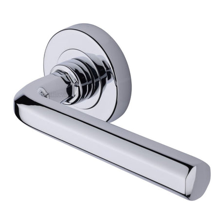 This is an image of a Heritage Brass - Door Handle Lever Latch on Round Rose Octave Design Polished Chrome, v4545-pc that is available to order from Trade Door Handles in Kendal.