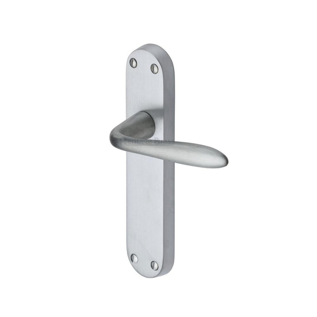 This is an image of a Heritage Brass - Door Handle Lever Latch Sutton Design Satin Chrome Finish, v6054-sc that is available to order from Trade Door Handles in Kendal.