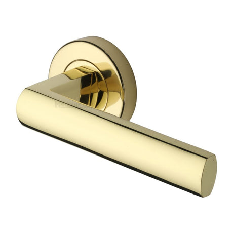 This is an image of a Heritage Brass - Door Handle Lever Latch on Round Rose Poseidon Design Polished Bras, v6230-pb that is available to order from Trade Door Handles in Kendal.