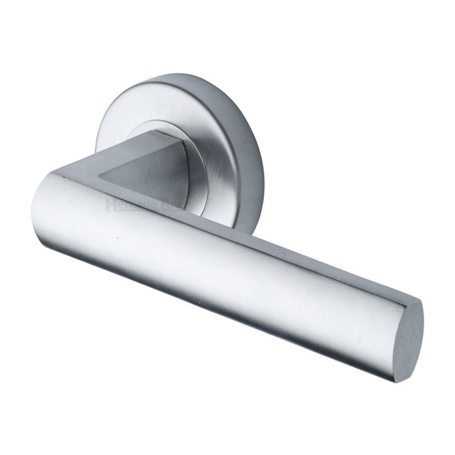 This is an image of a Heritage Brass - Door Handle Lever Latch on Round Rose Poseidon Design Satin Chro, v6230-sc that is available to order from Trade Door Handles in Kendal.